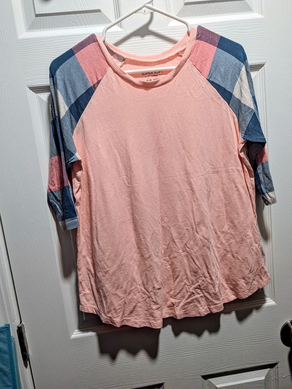 torrid Pink Tee with Blue Plaid Raglan Sleeves